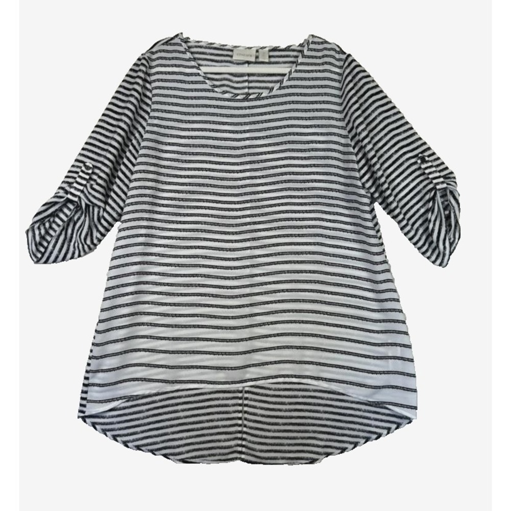 Chicos Shirt Womens 2/L Black White Striped 3/4 Sleeve Button Tab High Low Sheer
